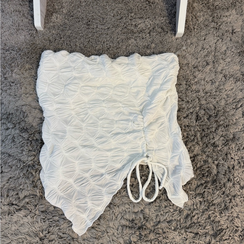 White Textured Drawstring Top